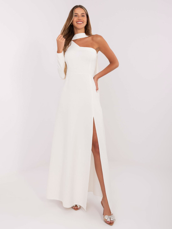Rochie maxi ecru de seară cu un umăr