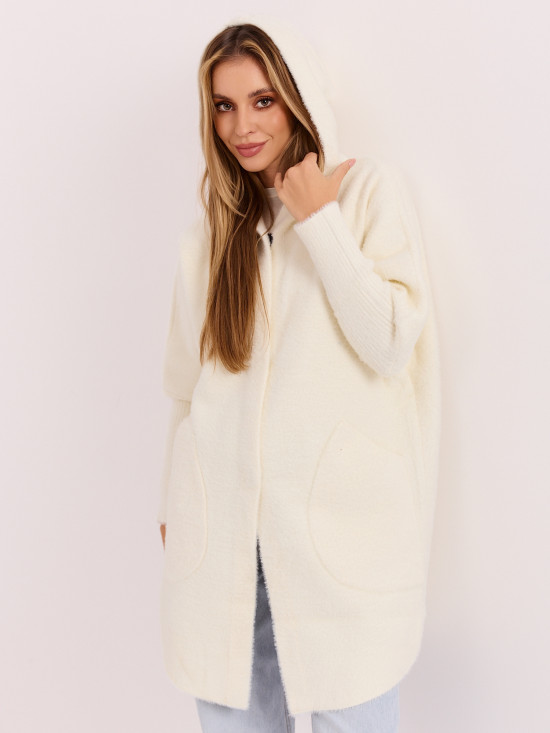 Palton ecru din alpaca cu glugă
