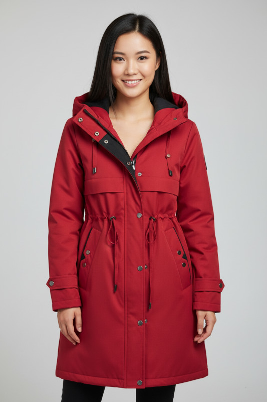 Jachetă roșie de tranziție cu croială alungită