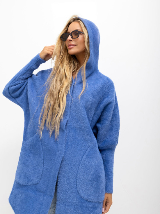 Palton albastru din alpaca cu glugă