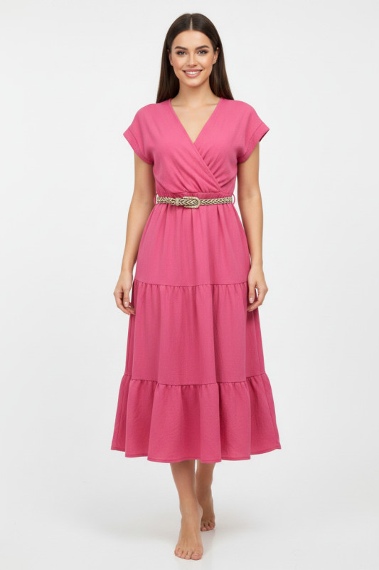 Rochie midi de vară roz cu curea