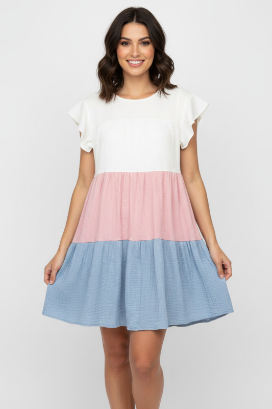 Rochie din bumbac albă/roz/salvie