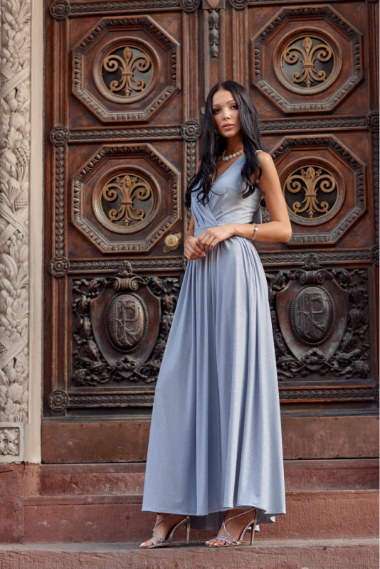Rochie maxi brocart cu legare la spate – gri