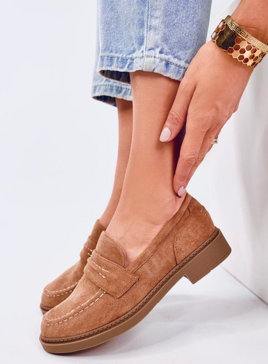 Mocasini maro camel joase din piele întoarsă