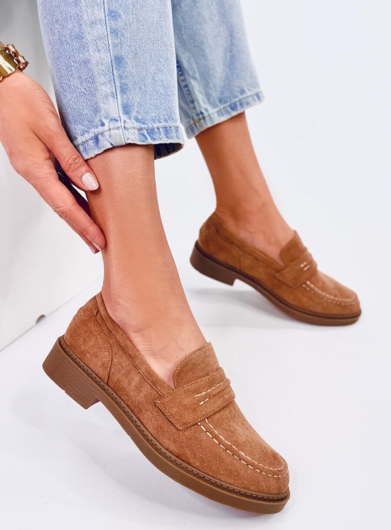 Mocasini maro camel joase din piele întoarsă
