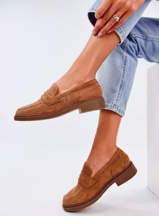Mocasini maro camel joase din piele întoarsă