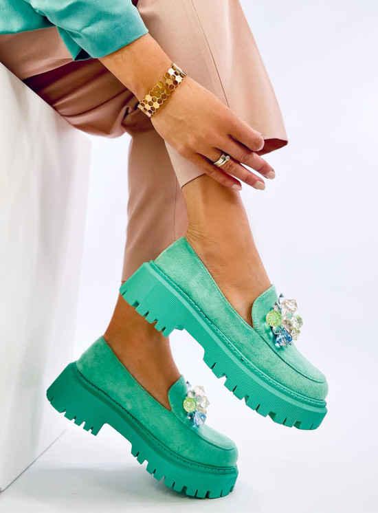 Mocasini verzi cu cristale decorative
