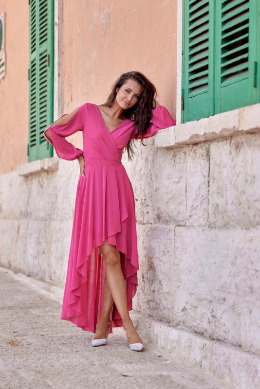 Rochie maxi asimetrică cu mâneci lungi, culoare amarant