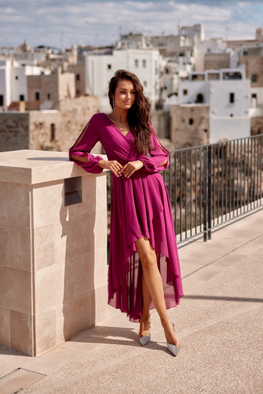 Rochie maxi asimetrică cu mâneci lungi, în nuanță violet episcopal