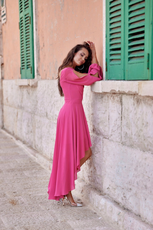 Rochie maxi asimetrică cu mâneci lungi, culoare amarant