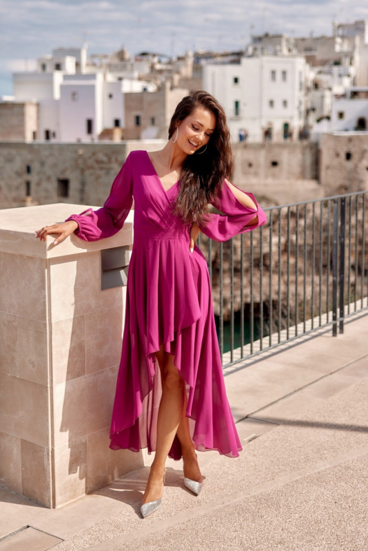 Rochie maxi asimetrică cu mâneci lungi, în nuanță violet episcopal
