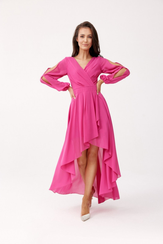 Rochie maxi asimetrică cu mâneci lungi, culoare amarant