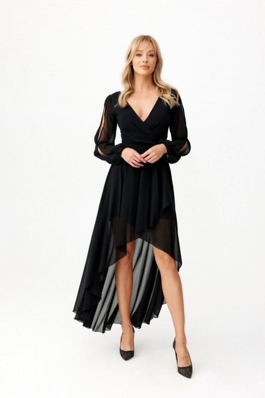 Rochie maxi asimetrică neagră cu mâneci lungi