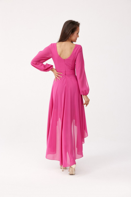 Rochie maxi asimetrică cu mâneci lungi, culoare amarant
