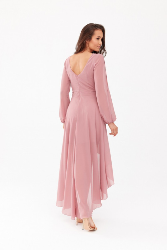 Rochie maxi asimetrică cu mâneci lungi în roz închis