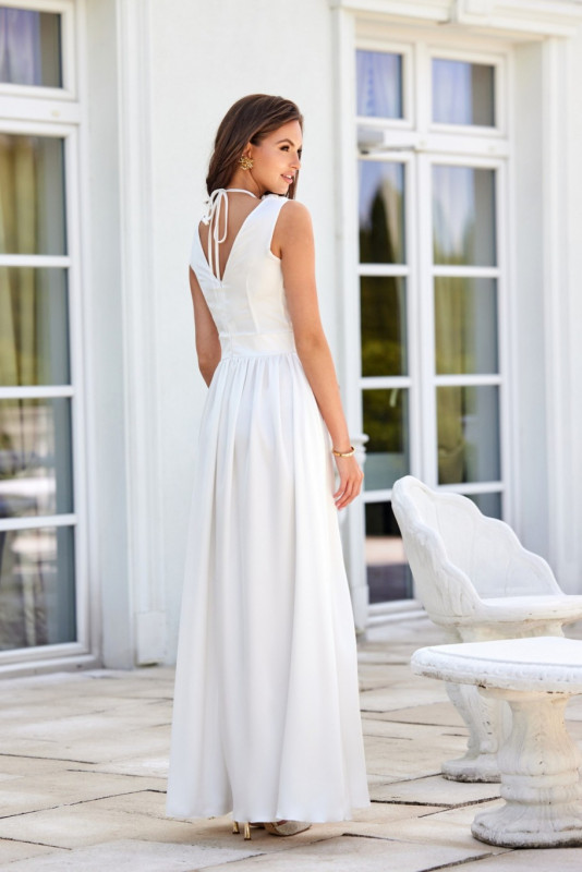 Rochie maxi din satin cu trandafir decorativ, culoare ecru
