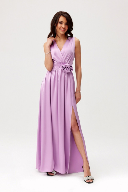 Rochie maxi din satin cu trandafir decorativ, lila