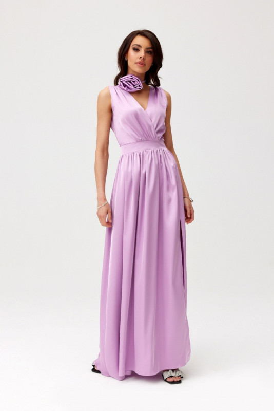 Rochie maxi din satin cu trandafir decorativ, lila