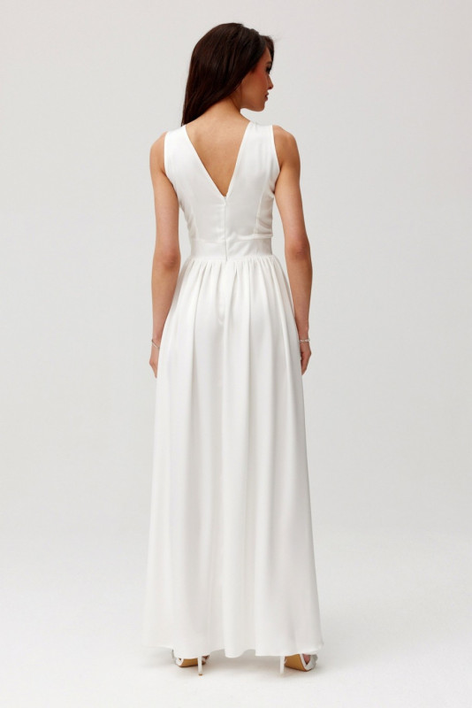 Rochie maxi din satin cu trandafir decorativ, culoare ecru
