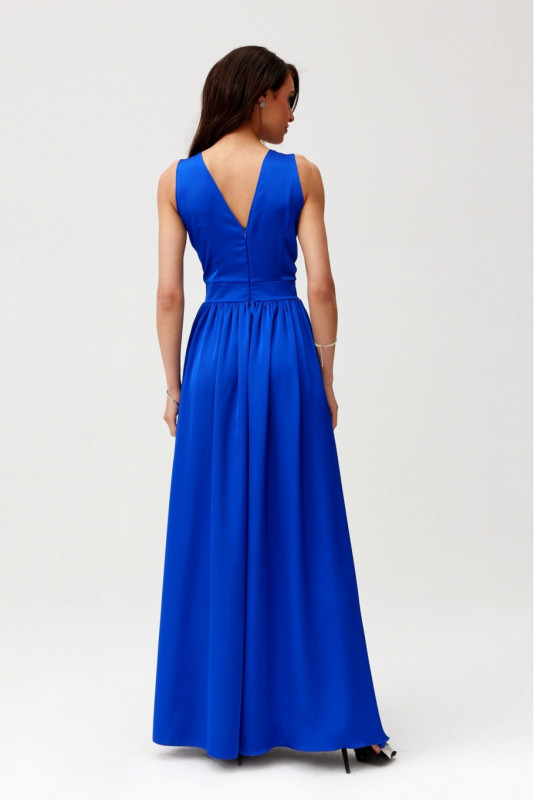 Rochie maxi din satin cu trandafir decorativ, albastru regal