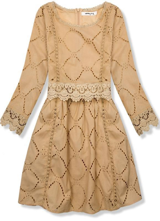 Rochie maro deschis cu dantelă și broderie