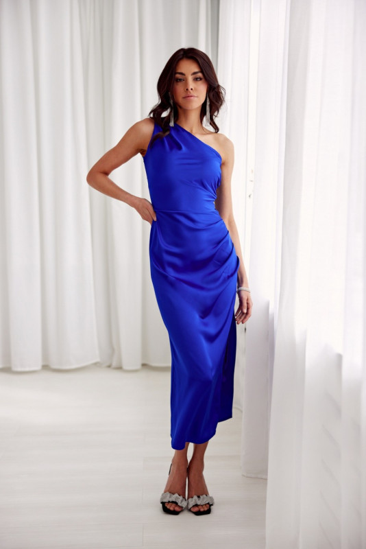 Rochie midi din satin, pe un umăr, în nuanță intensă de albastru