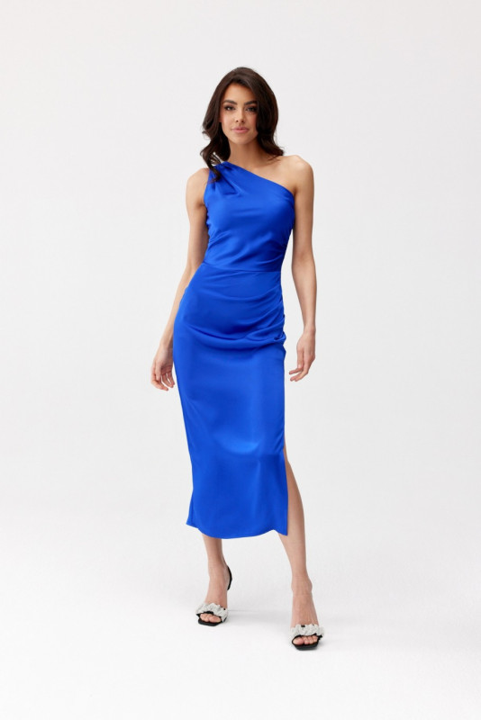 Rochie midi din satin, pe un umăr, în nuanță intensă de albastru