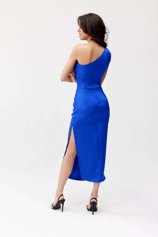 Rochie midi din satin, pe un umăr, în nuanță intensă de albastru