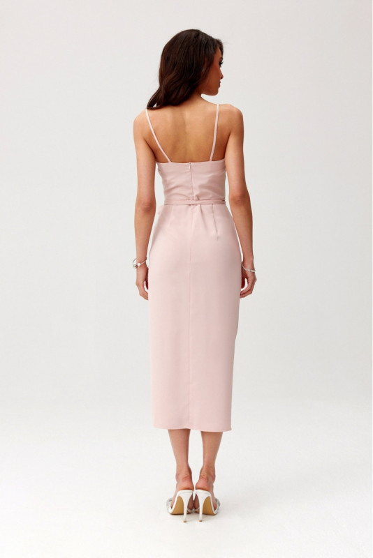 Rochie midi cu drapaj și trandafir decorativ, roz