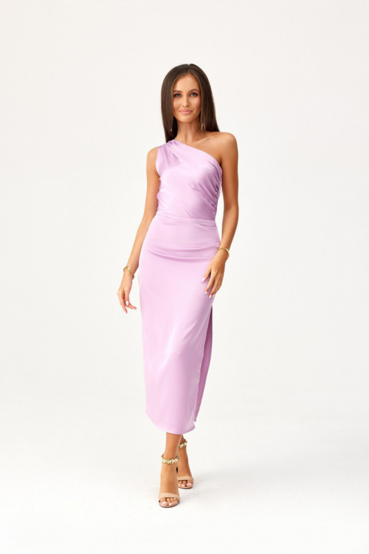Rochie midi satinată pe un umăr, culoare lila