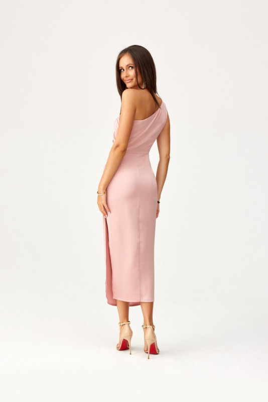 Rochie midi satinată pe un umăr, roz