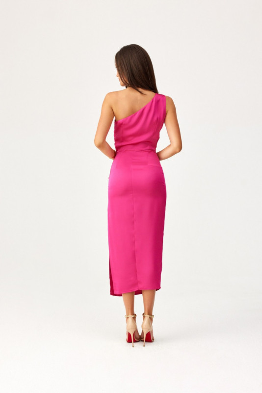 Rochie midi satinată pe un umăr, culoare amarant