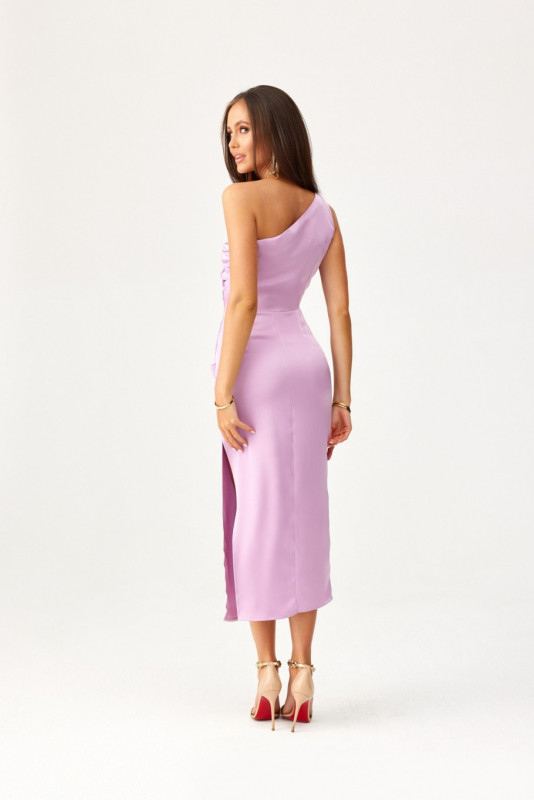 Rochie midi satinată pe un umăr, culoare lila