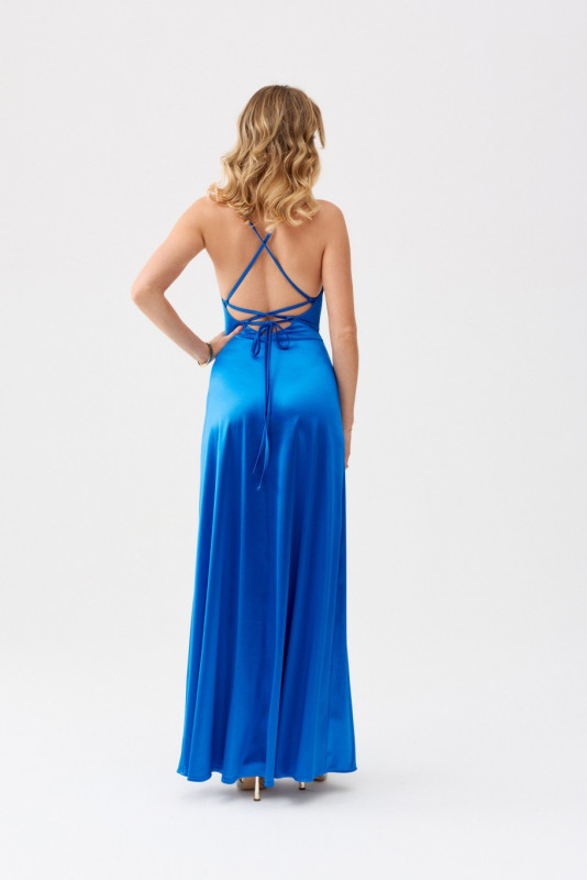Rochie maxi din satin cu legare la spate, albastru intens