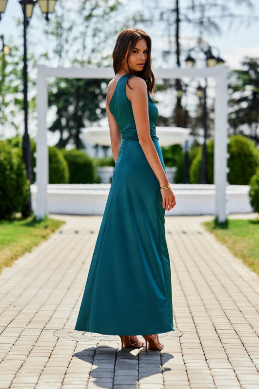 Rochie maxi satinată pe un umăr, verde