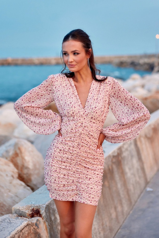 Rochie mulată Amanda cu mâneci bufante, multicoloră