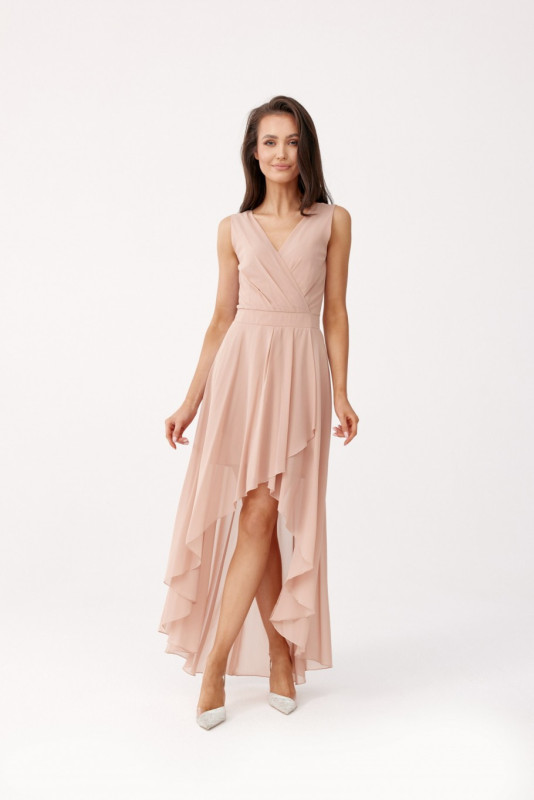 Rochie maxi asimetrică cu decolteu petrecut cappuccino