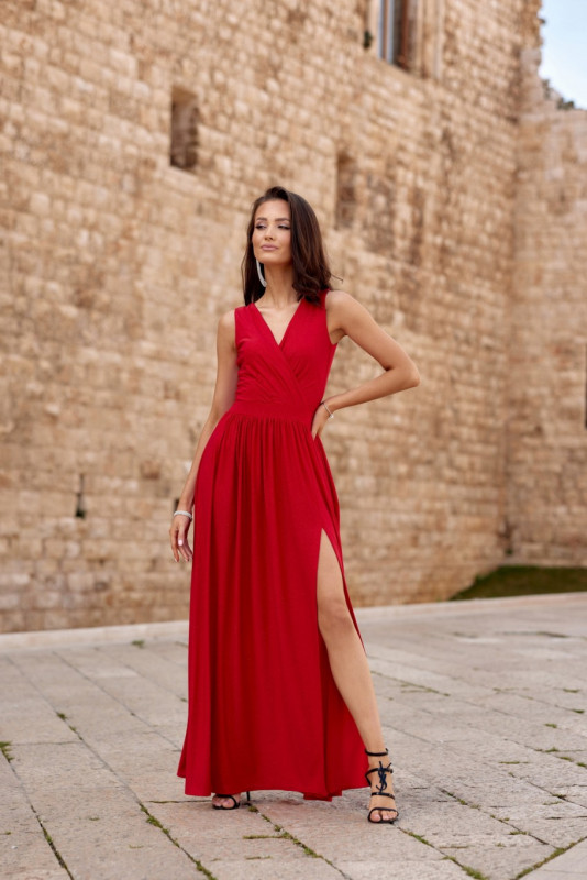 Rochie maxi brocart cu legare la spate, roșie
