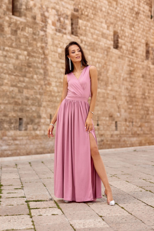 Rochie maxi brocart cu legare la spate, roz