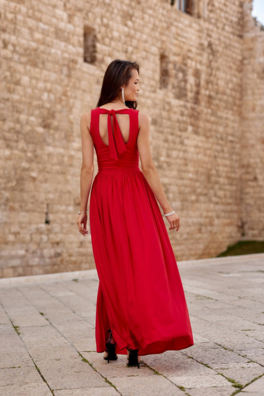 Rochie maxi brocart cu legare la spate, roșie