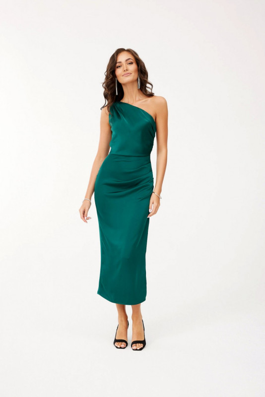 Rochie midi satinată pe un umăr, verde smarald