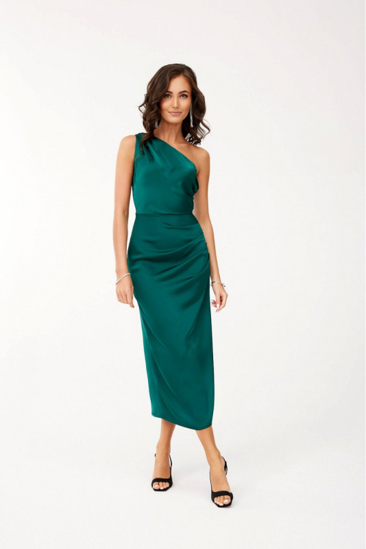Rochie midi satinată pe un umăr, verde smarald
