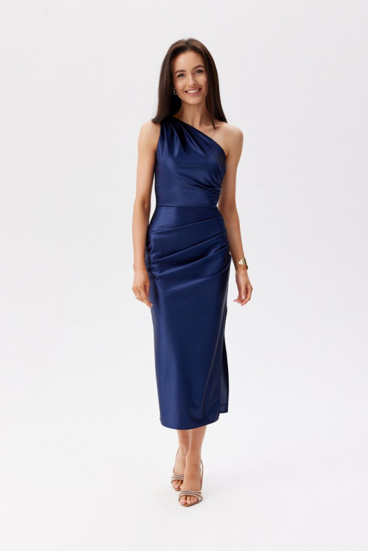 Rochie midi asimetrică bleumarin pe un umăr