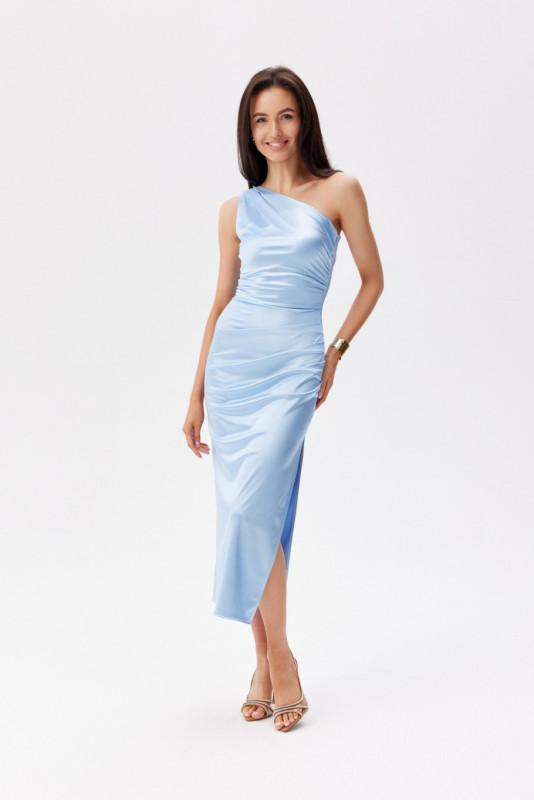 Rochie midi asimetrică pe un umăr, albastru deschis