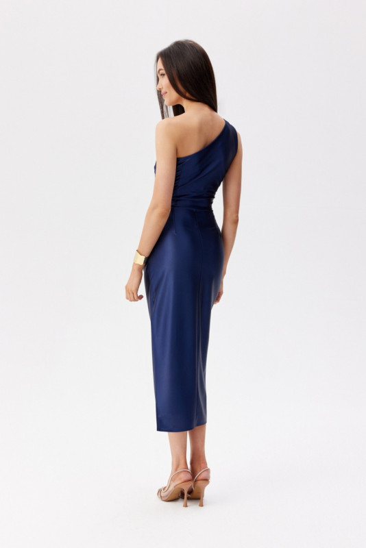 Rochie midi asimetrică bleumarin pe un umăr
