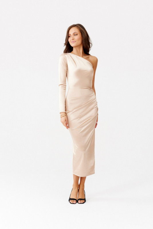 Rochie midi satinată cu o mânecă lungă, bej