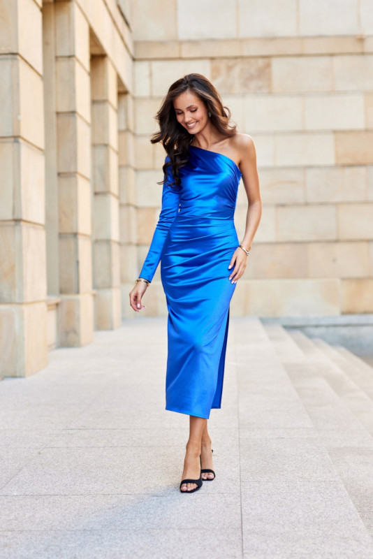 Rochie midi din satin cu o mânecă lungă, în nuanță intensă de albastru