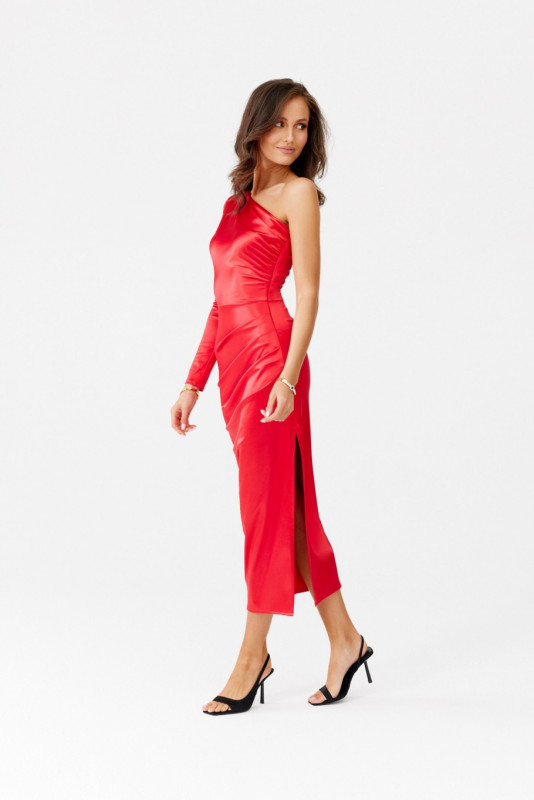 Rochie midi satinată cu o mânecă lungă, roșie