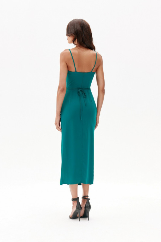 Rochie midi cu drapaj și trandafir decorativ, verde