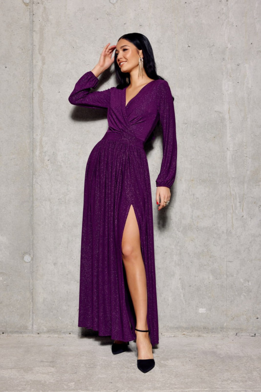 Rochie maxi brocart cu mâneci lungi în violet episcopal